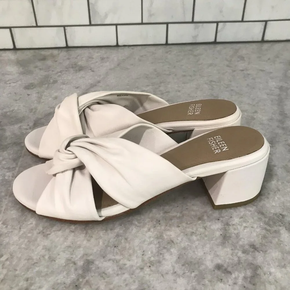 Eileen Fisher Sandals Womens Size 6 White Knot Slide Block Heel Mule Open Toe